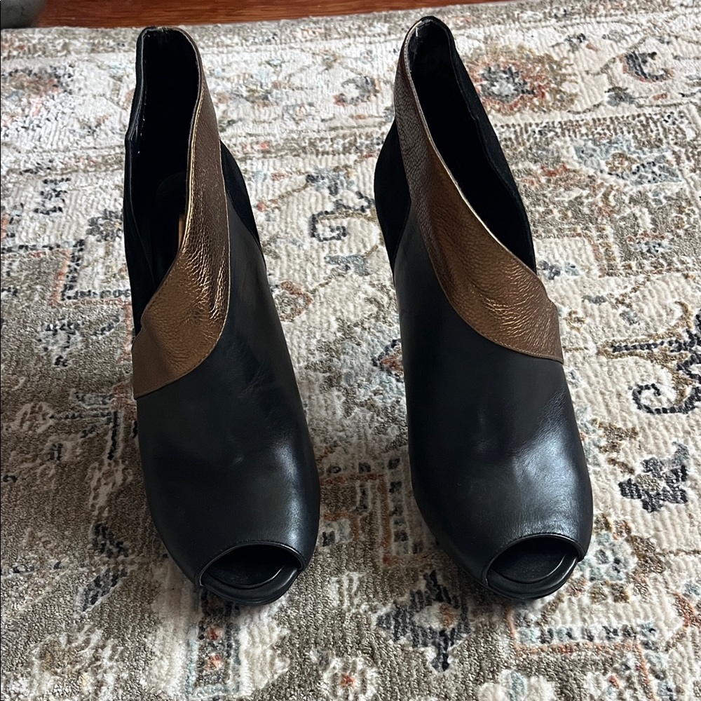 BCBGMaxAzria Black and Brown Peep-Toe Heeled Boots